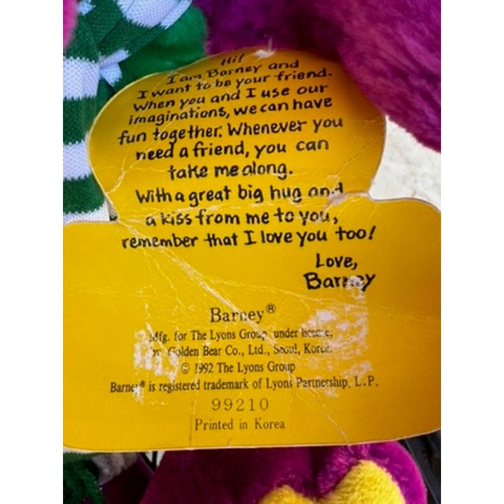Barney Vintage 1990s Plush with Warehouse Inventory Tag-NWT - Picture 3 of 7